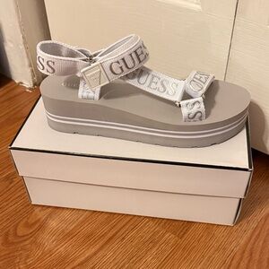 Guess White and Light Gray Platform Sandals with Logo Straps
